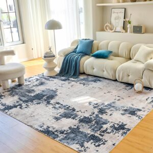 OIGAE Machine Washable Rug - 8x10 Area Rug Low-Pile Non-Shedding Foldable Abstract Modern Rugs, Stain Resistant Anti Slip Backing Rugs for Living Room&Bedroom&Dining Laundry Home Office Carpet, Blue