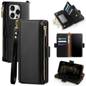 antsturdy for iphone 15 pro max wallet case【rfid blocking】 pu leather phone case women men flip shockproof protective cover with strap zipper pocket credit card slots,for apple 15 promax,black