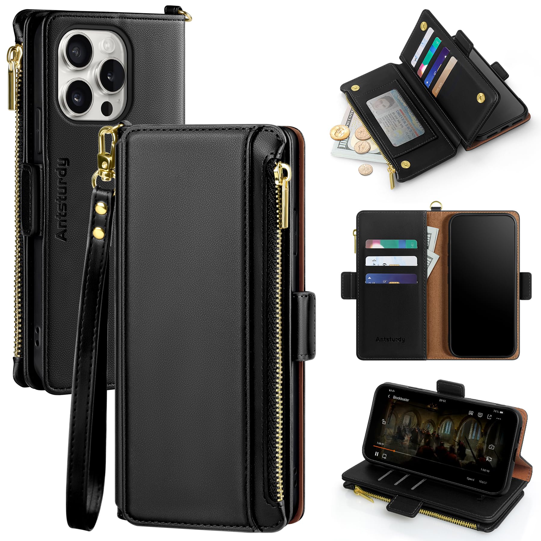 Antsturdy for iPhone 15 Pro Max Wallet Case【RFID Blocking】 PU Leather Phone Case Women Men flip Shockproof Protective Cover with Strap Zipper pocket Credit Card Slots,for Apple 15 ProMax,Black