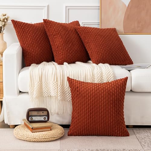 UGASA Soft Corduroy Pillow Covers Pack of 4 Boho Stripe Decorative Pillow Covers Pillowcases 18x18 Inch Home Decor Modern Farmhouse for Sofa Living Room Couch Bed, Burnt Brick