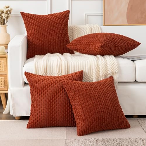 UGASA Soft Corduroy Pillow Covers Pack of 4 Boho Stripe Decorative Pillow Covers Pillowcases 18x18 Inch Home Decor Modern Farmhouse for Sofa Living Room Couch Bed, Burnt Brick