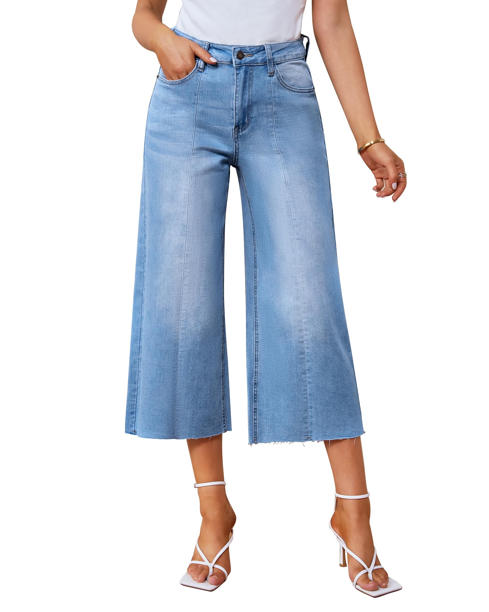 GRAPENT Wide Leg Pants for Women Jeans for Girls Y2K Baggy Jeans Denim Capri Pants Blue Jeans Casual High Waisted Summer Capris Seamed Front Color Cool Blue Size Large Size 12 Size 14