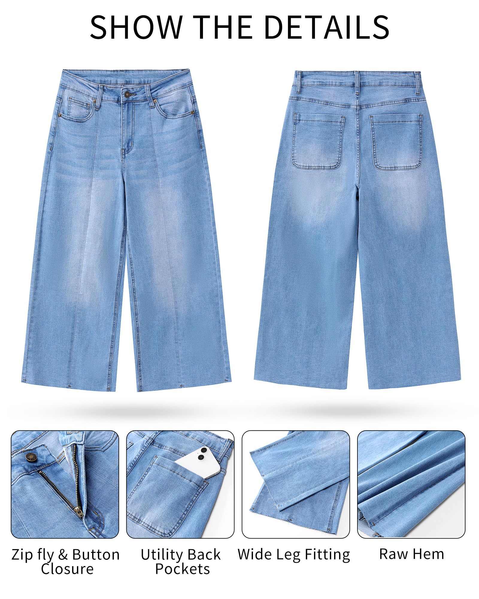 GRAPENT Wide Leg Pants for Women Jeans for Girls Y2K Baggy Jeans Denim Capri Pants Blue Jeans Casual High Waisted Summer Capris Seamed Front Color Cool Blue Size Large Size 12 Size 14