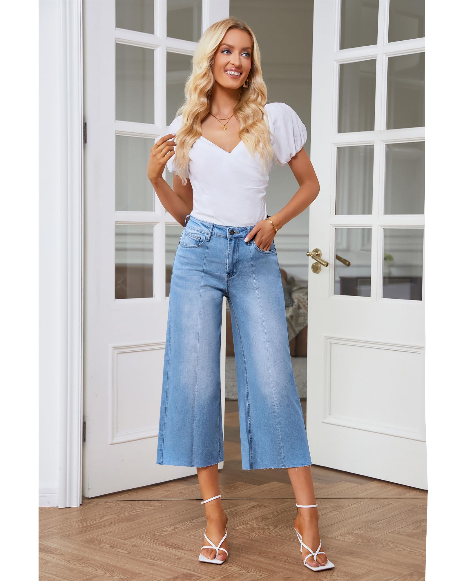 GRAPENT Wide Leg Pants for Women Jeans for Girls Y2K Baggy Jeans Denim Capri Pants Blue Jeans Casual High Waisted Summer Capris Seamed Front Color Cool Blue Size Large Size 12 Size 14