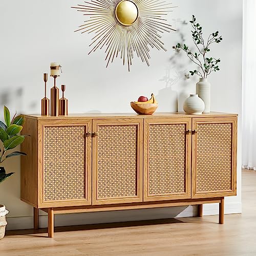 AMERLIFE 63" Sideboard Buffets Cabinet, 2-Adjustable Shelves Sideboard with 4 Doors, Large Accent Storage Credenzas for Living Room, Dining Room, Bedroom, Natural