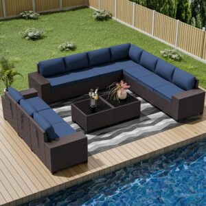 rtdtd outdoor patio furniture set, 12 pieces outdoor furniture all weather patio sectional sofa pe wicker modular conversation sets with coffee table,10 chairs & seat clips dark blue