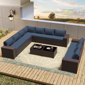 RTDTD Outdoor Patio Furniture Set, 12 Pieces Outdoor Furniture All Weather Patio Sectional Sofa PE Wicker Modular Conversation Sets with Coffee Table,10 Chairs & Seat Clips Dark Blue