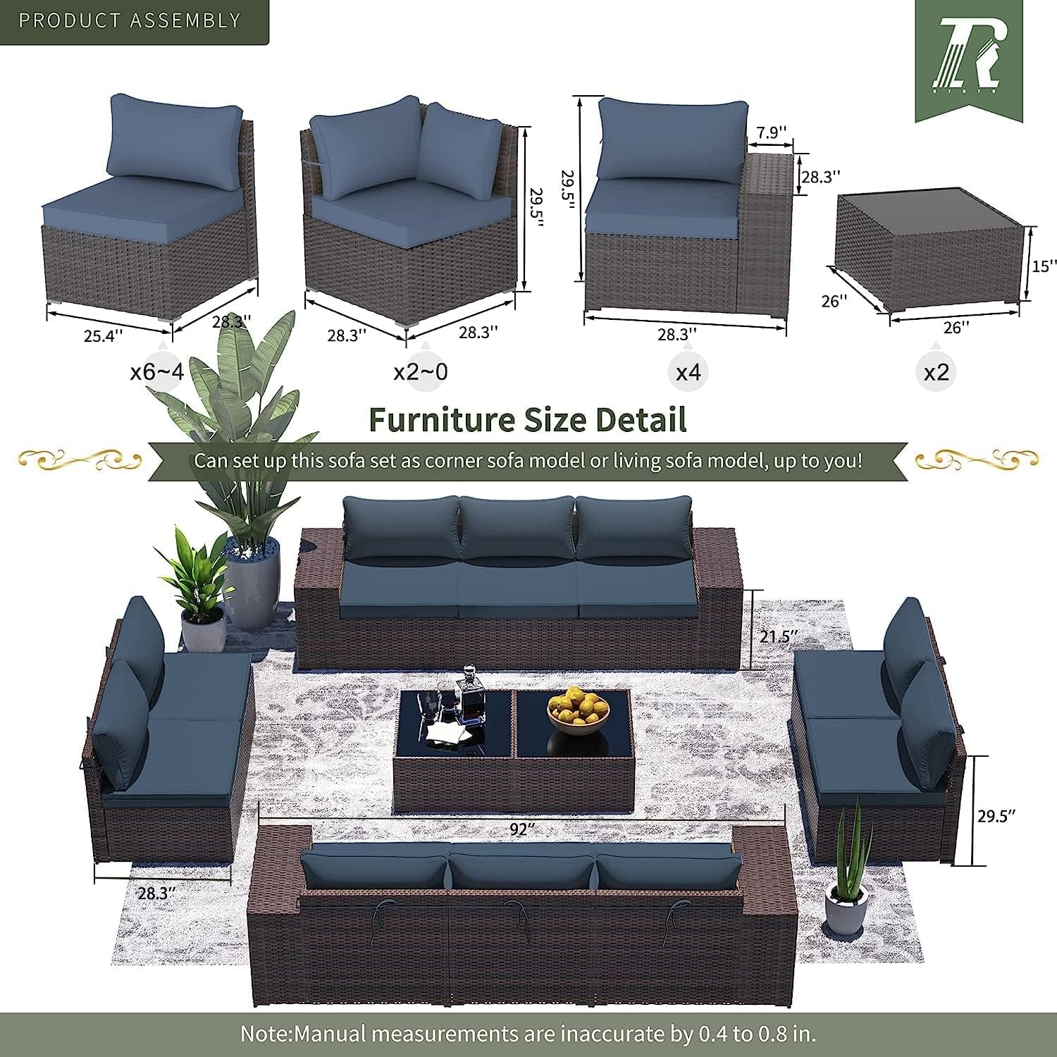 RTDTD Outdoor Patio Furniture Set, 12 Pieces Outdoor Furniture All Weather Patio Sectional Sofa PE Wicker Modular Conversation Sets with Coffee Table,10 Chairs & Seat Clips Dark Blue