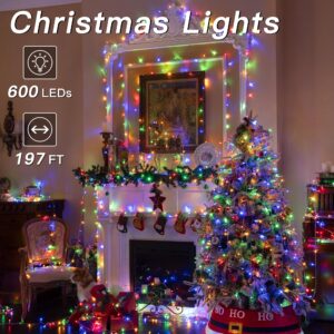 shineshine 197FT 600LED Christmas Lights Outdoor, Waterproof 8 Lighting Modes String Lights with Remote and Timer, Xmas Lights for Indoor Outside Party New Year House (Multicolor)