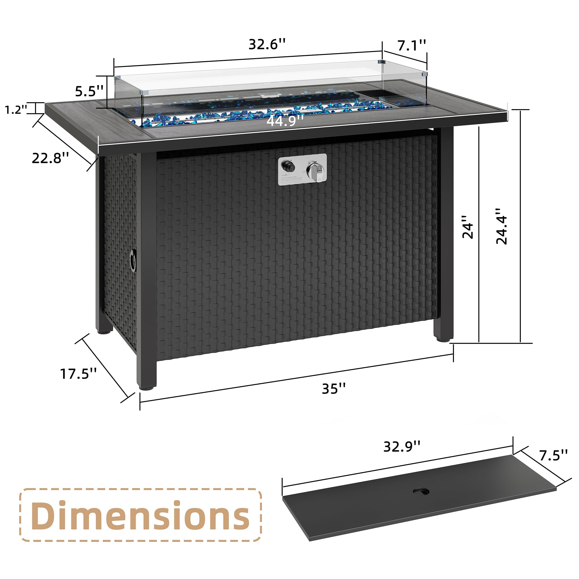 JAMFLY Outdoor Propane Fire Pit Table 45 Inch with Lid, 50,000 BTU Gas Fire Pits for Outside Patio with Glass Wind Guard,Clear Blue Glass Rocks,Waterproof Cover, Gray