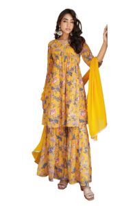 janasya indian women's yellow georgette digital floral printed kurta with sharara and dupatta