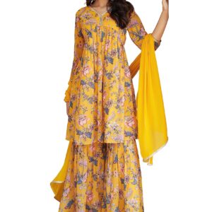 Janasya Indian Women's Yellow Georgette Digital Floral Printed Kurta with Sharara and Dupatta