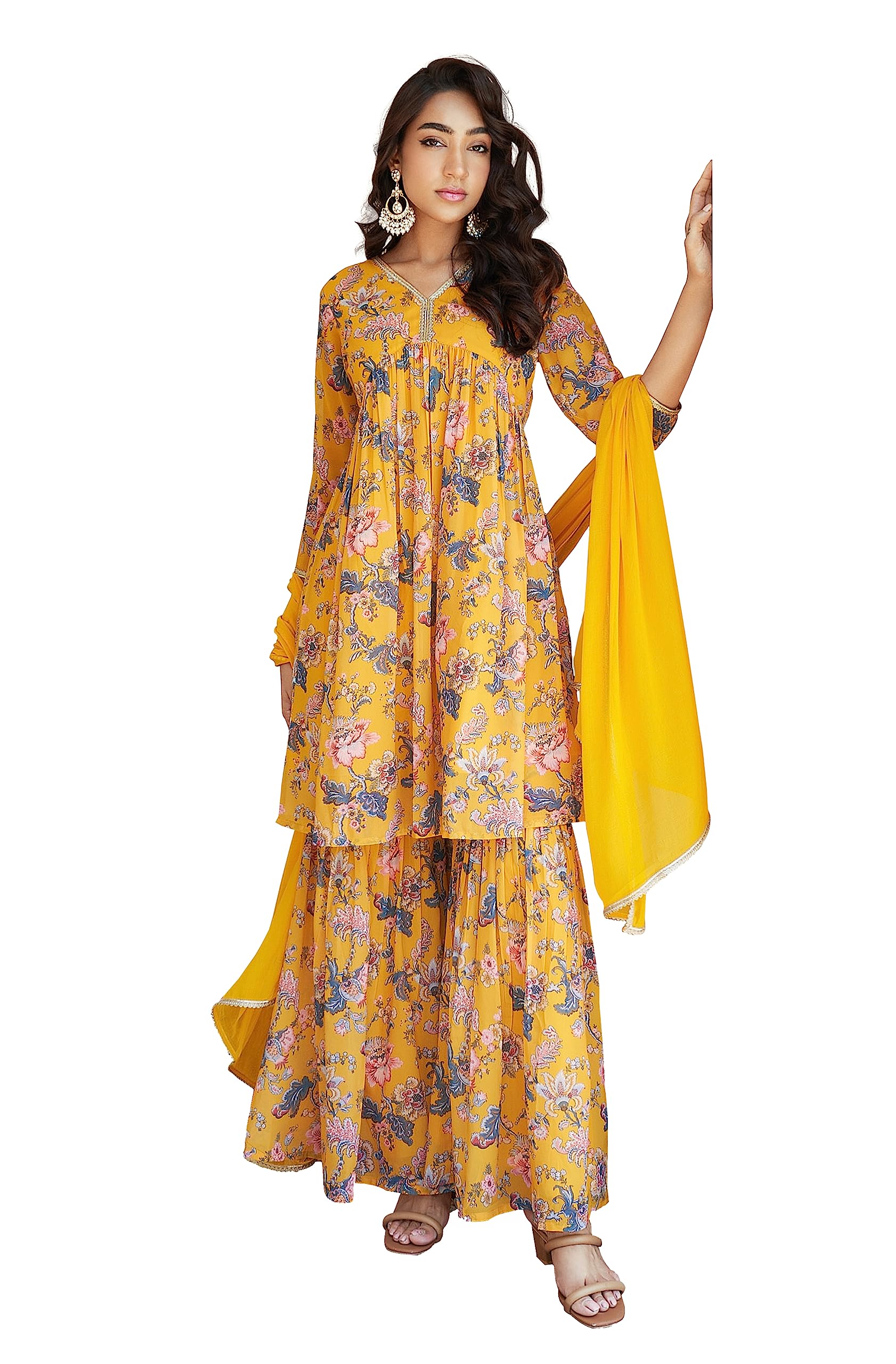 Janasya Indian Women's Yellow Georgette Digital Floral Printed Kurta with Sharara and Dupatta