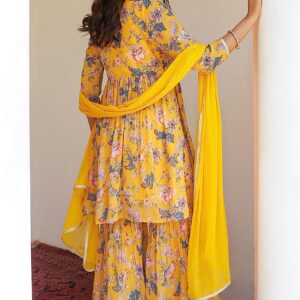 Janasya Indian Women's Yellow Georgette Digital Floral Printed Kurta with Sharara and Dupatta