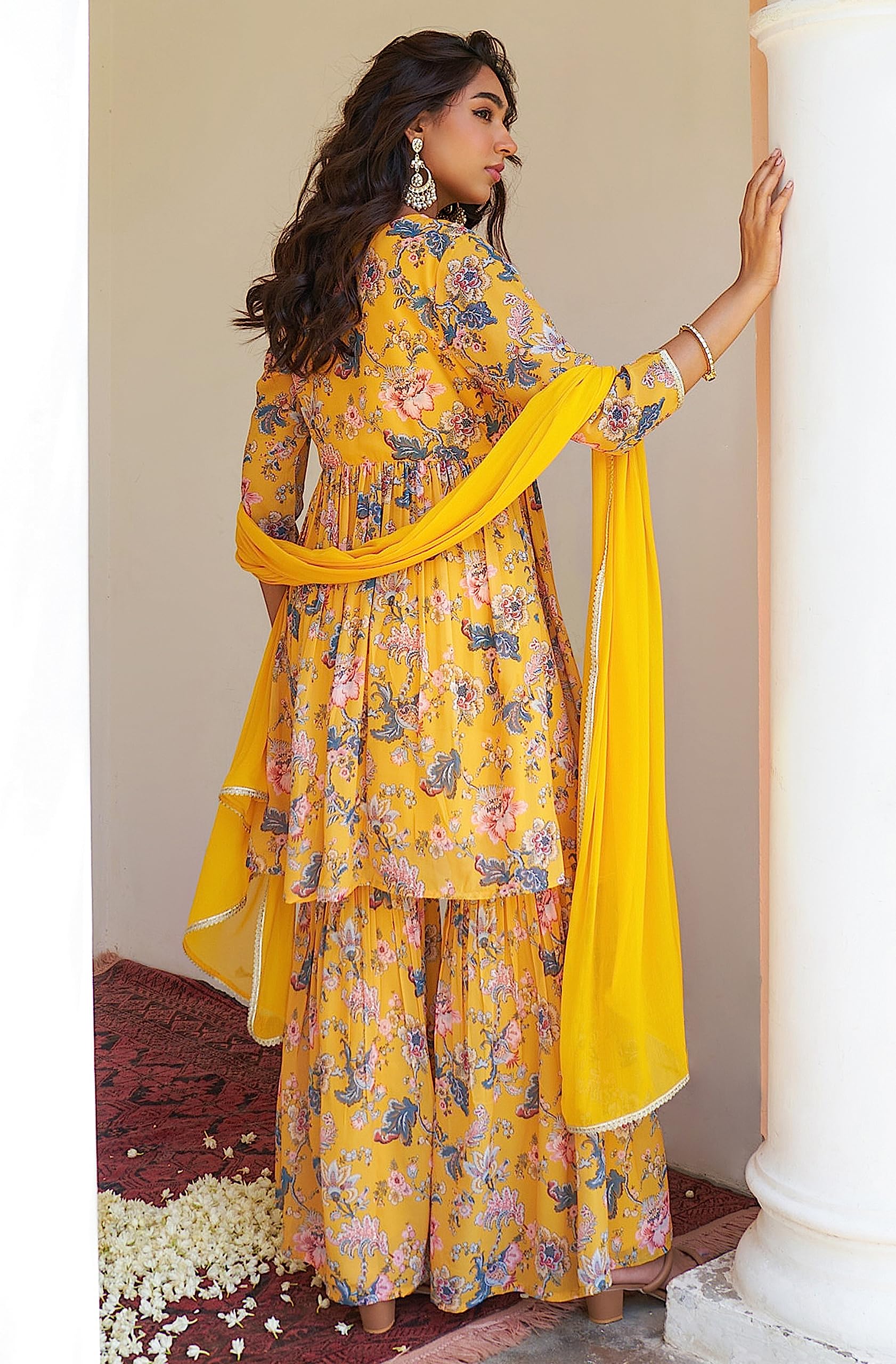 Janasya Indian Women's Yellow Georgette Digital Floral Printed Kurta with Sharara and Dupatta