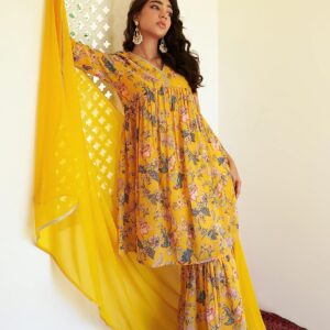 Janasya Indian Women's Yellow Georgette Digital Floral Printed Kurta with Sharara and Dupatta