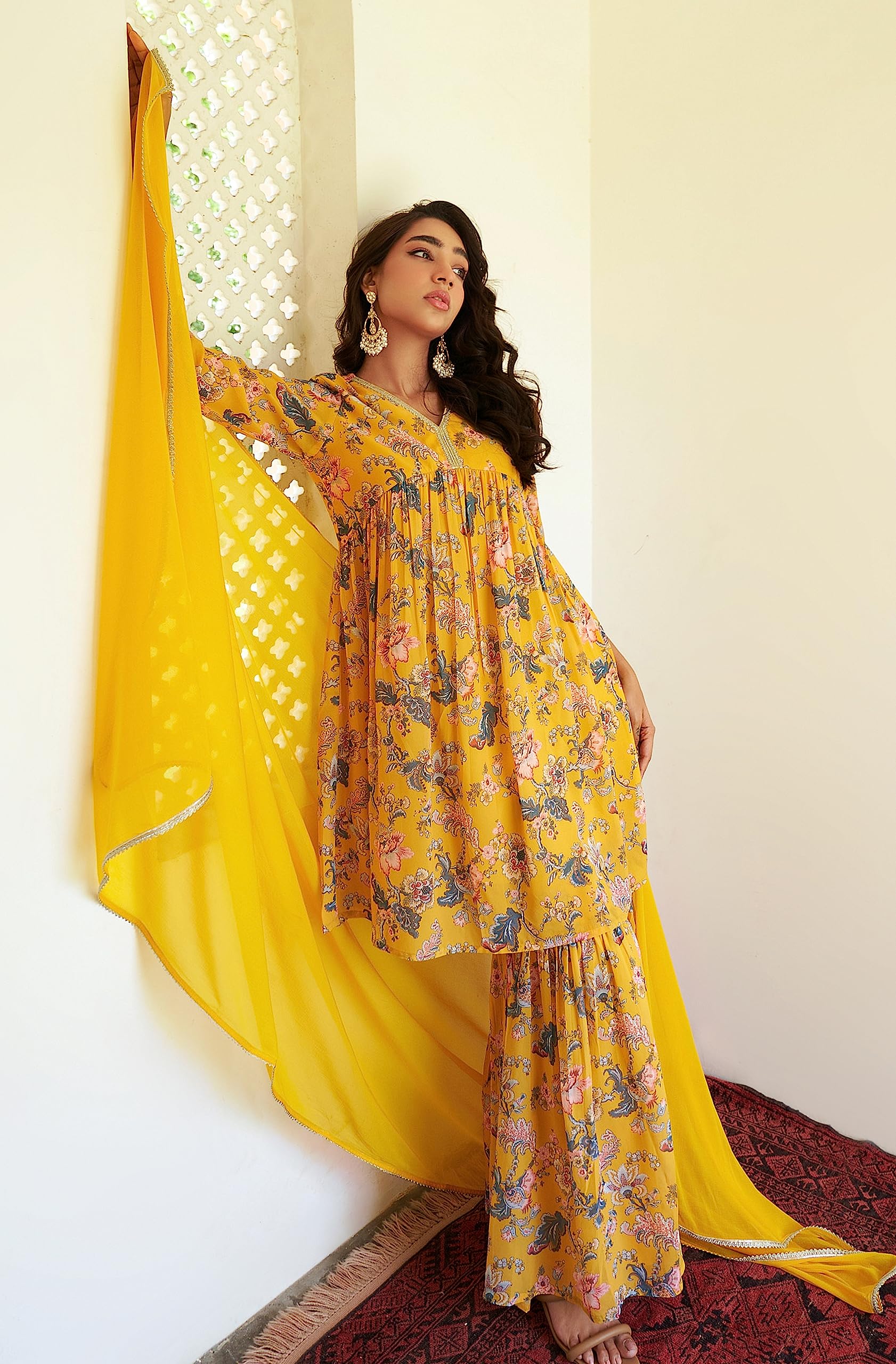 Janasya Indian Women's Yellow Georgette Digital Floral Printed Kurta with Sharara and Dupatta