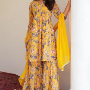 Janasya Indian Women's Yellow Georgette Digital Floral Printed Kurta with Sharara and Dupatta