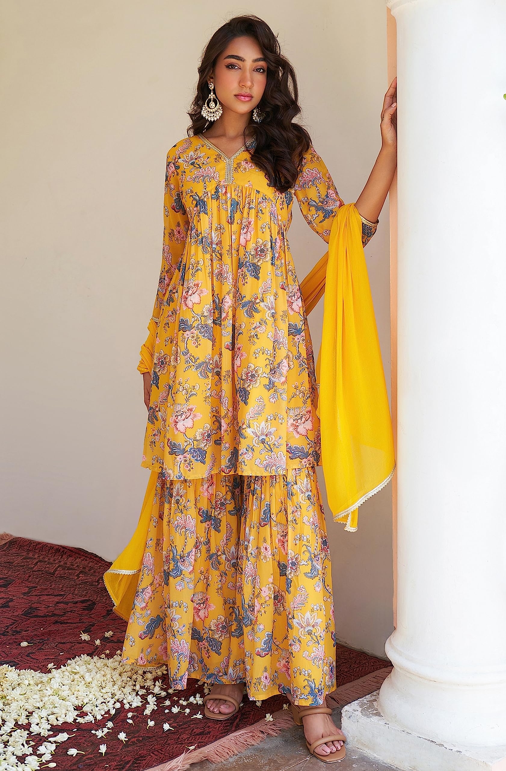 Janasya Indian Women's Yellow Georgette Digital Floral Printed Kurta with Sharara and Dupatta