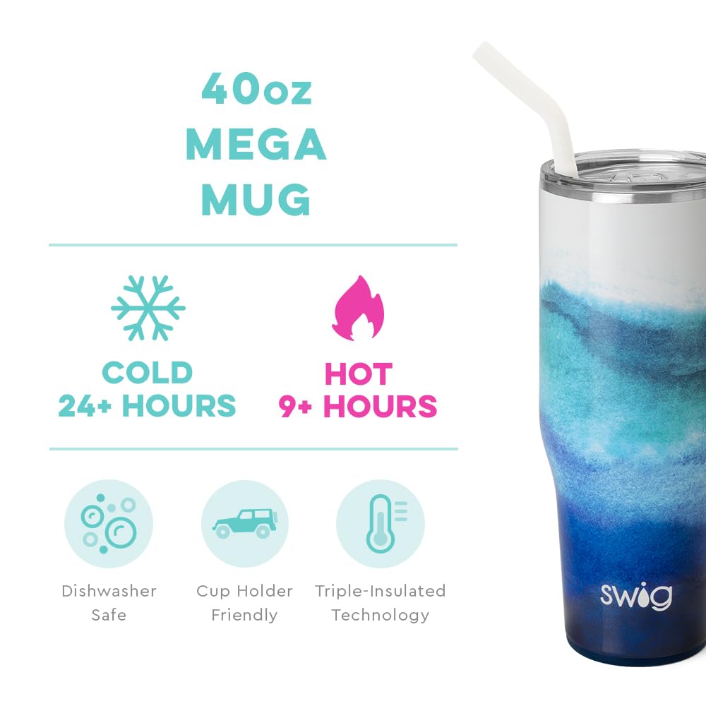 Swig Life 40oz Mega Mug, 40oz Tumbler with Handle and Straw, Extra Large Insulated Tumblers, Cup Holder Friendly Travel Mug (Sapphire)