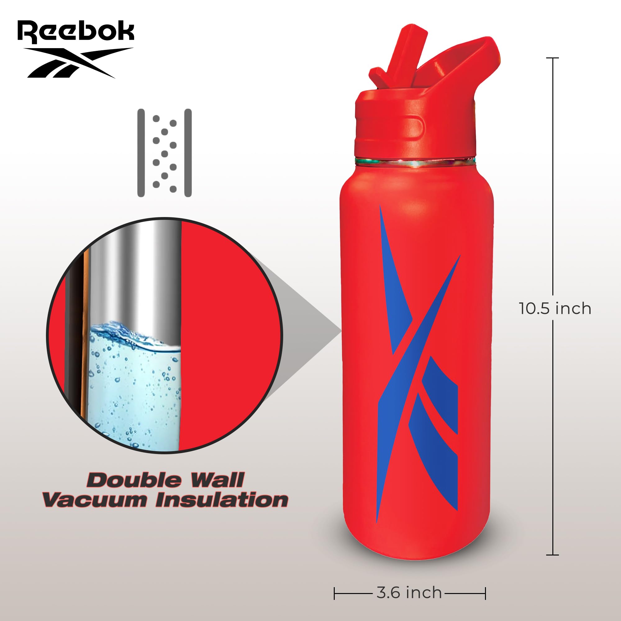 Reebok Stainless Steel Water Bottle With Straw Cap & Athletic Design - Insulated Water Bottles 32 oz - Double Wall Vacuum Insulated Sports Water Bottle With Straw, BPA Free (Red with Blue Vector)