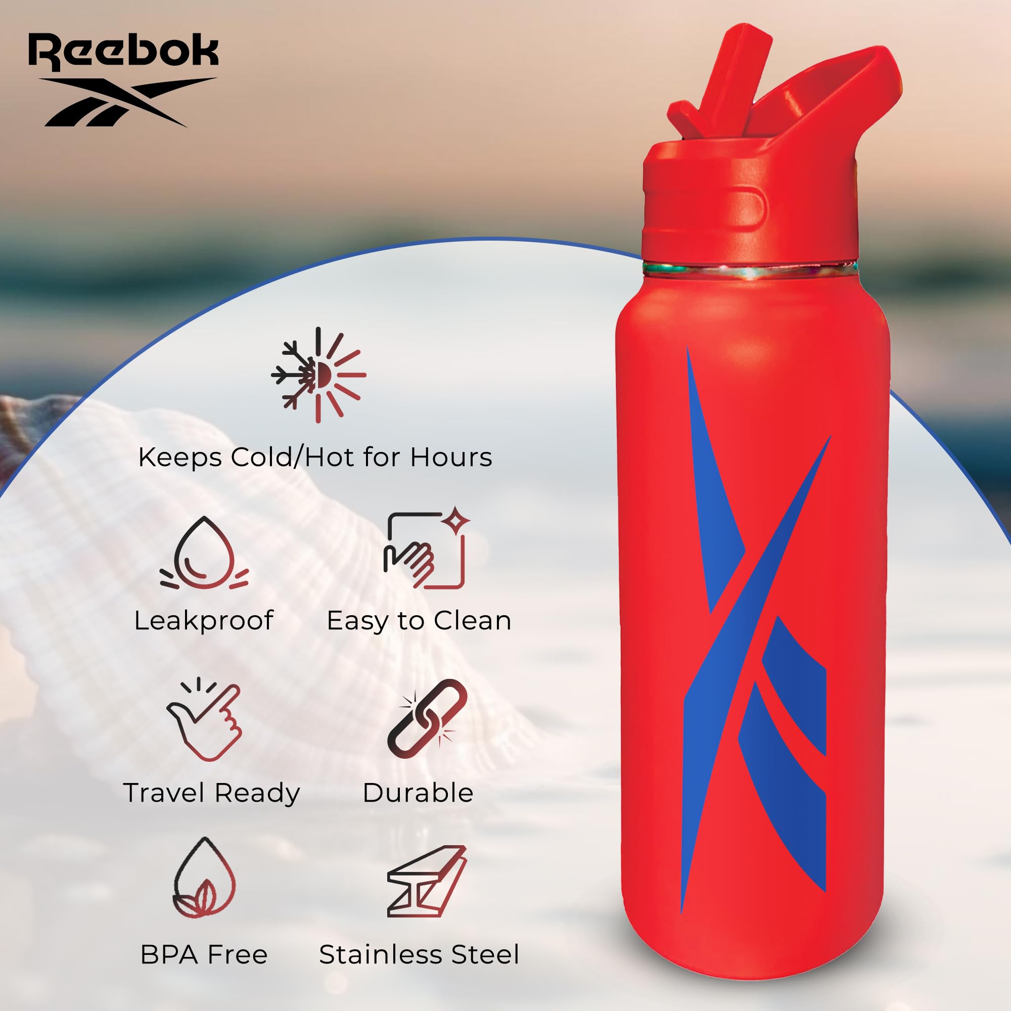 Reebok Stainless Steel Water Bottle With Straw Cap & Athletic Design - Insulated Water Bottles 32 oz - Double Wall Vacuum Insulated Sports Water Bottle With Straw, BPA Free (Red with Blue Vector)