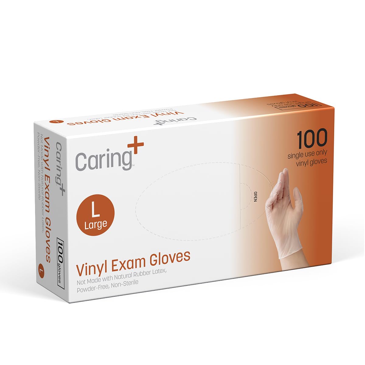 Caring Vinyl Exam Gloves (Large, 100ct), Powder Free and Not Made with Natural Rubber Latex, Gloves for Medical Use, First Aid, Food Prep and More