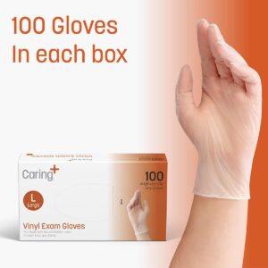 Caring Vinyl Exam Gloves (Large, 100ct), Powder Free and Not Made with Natural Rubber Latex, Gloves for Medical Use, First Aid, Food Prep and More