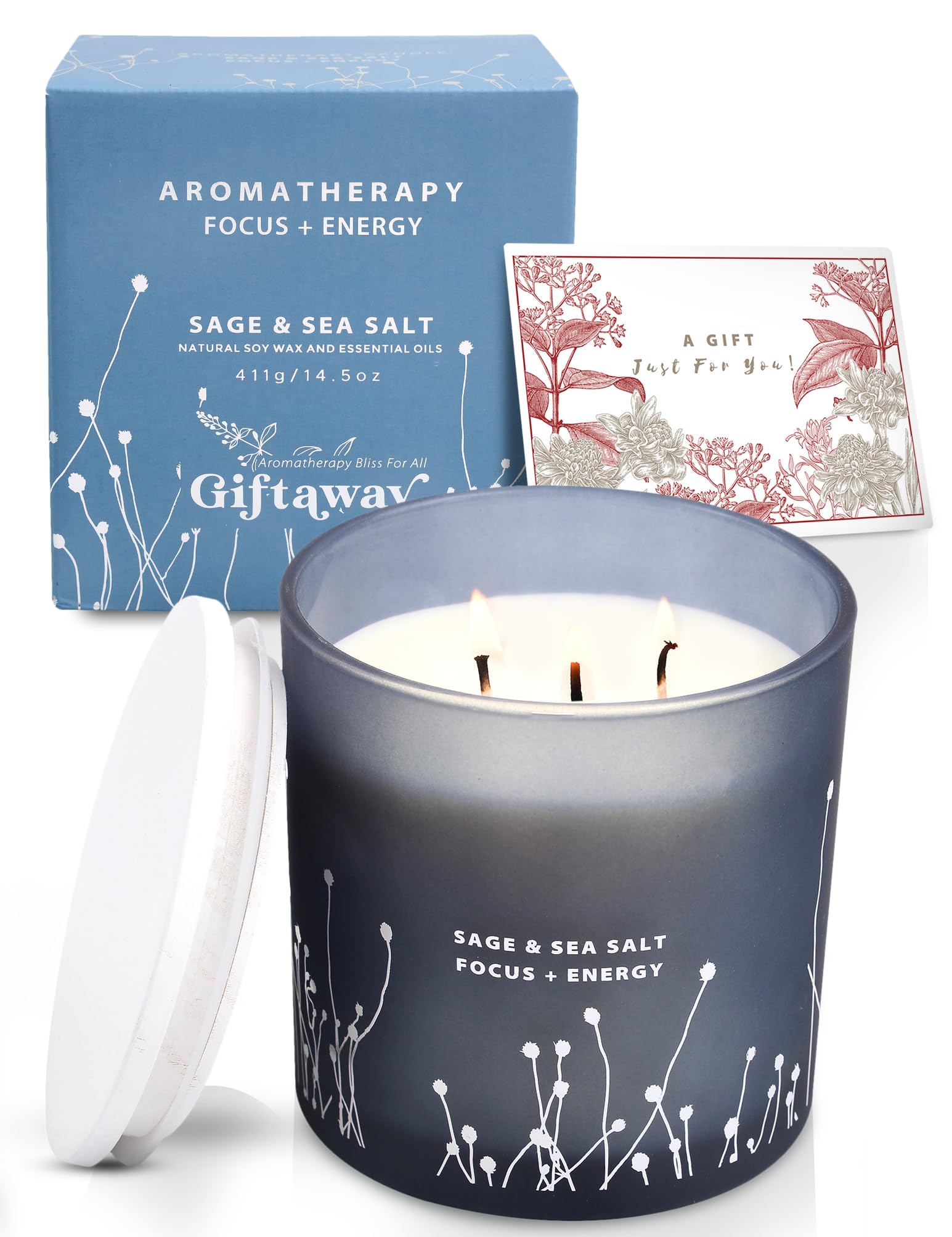 White Sage Sea Salt 3 Wick Candle 14.5 oz | Sage Candles for Cleansing House | Large Soy Candles for Home Scented | Aromatherapy Energy Cleansing Sage Scented Candles for Women & Men