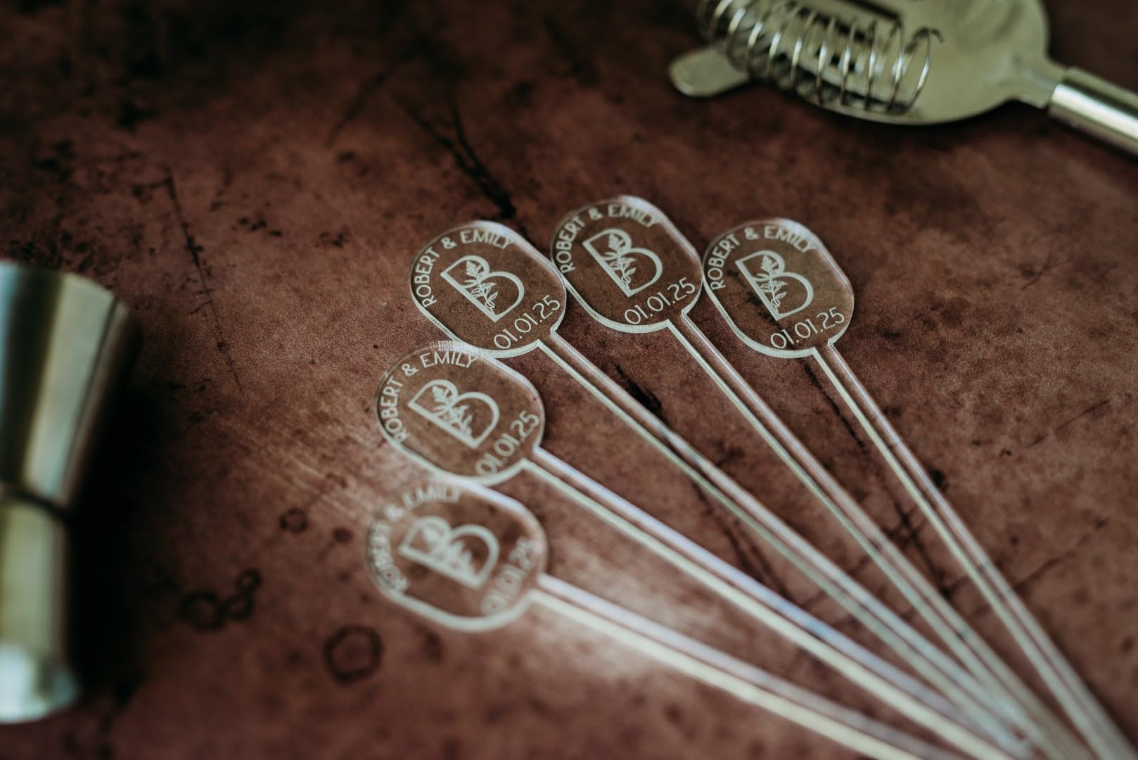 Set of 50 Custom Oval Floral Personalized Stirrers, Modern Stirrer For Birthday Party, Wedding Drink Charms, Drink Names, Cocktail Tags, Couple Names,Gold Acrylic Swizzle