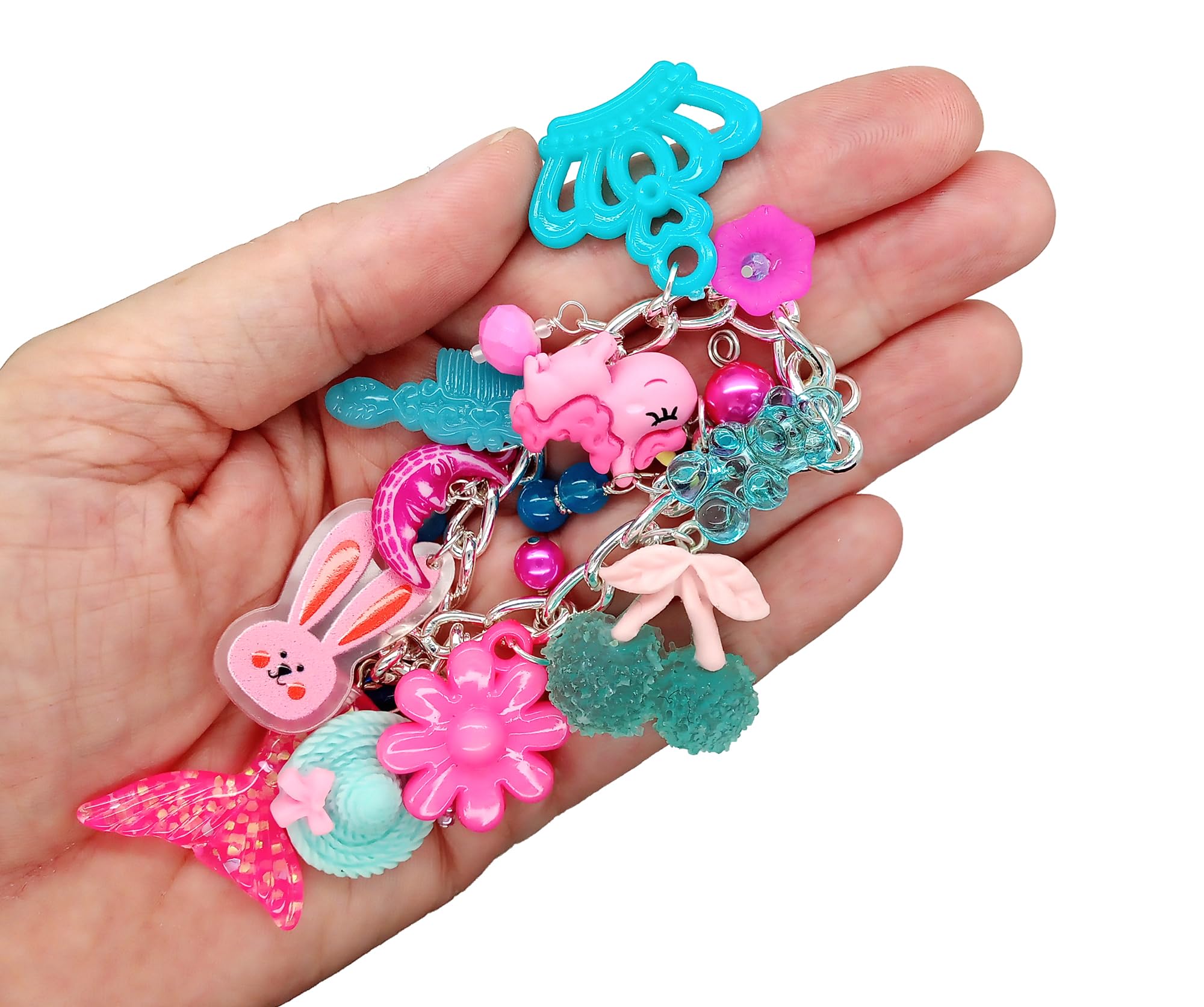 Pink and Blue Chunky Charm Bracelet with Kawaii Charms, Resin Cabochon Pendant Chain, Mermaid Unicorn and Fruit Theme, Adjustable