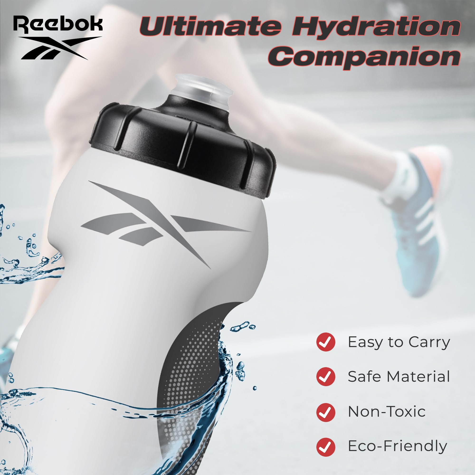 Reebok Squeeze Water Bottles With Athletic Design - Water Bottle 24 oz - Sports Water Bottle - Reusable Water Bottle For Gym, Running, Hiking etc, BPA Free (White)