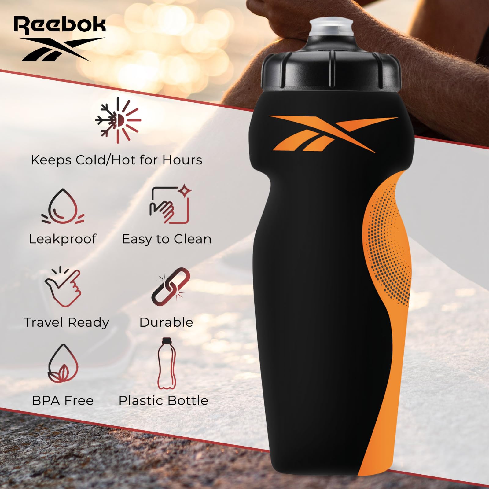 Reebok Squeeze Water Bottles With Athletic Design - Water Bottle 24 oz - Sports Water Bottle - Reusable Water Bottle For Gym, Running, Hiking etc, BPA Free (White)