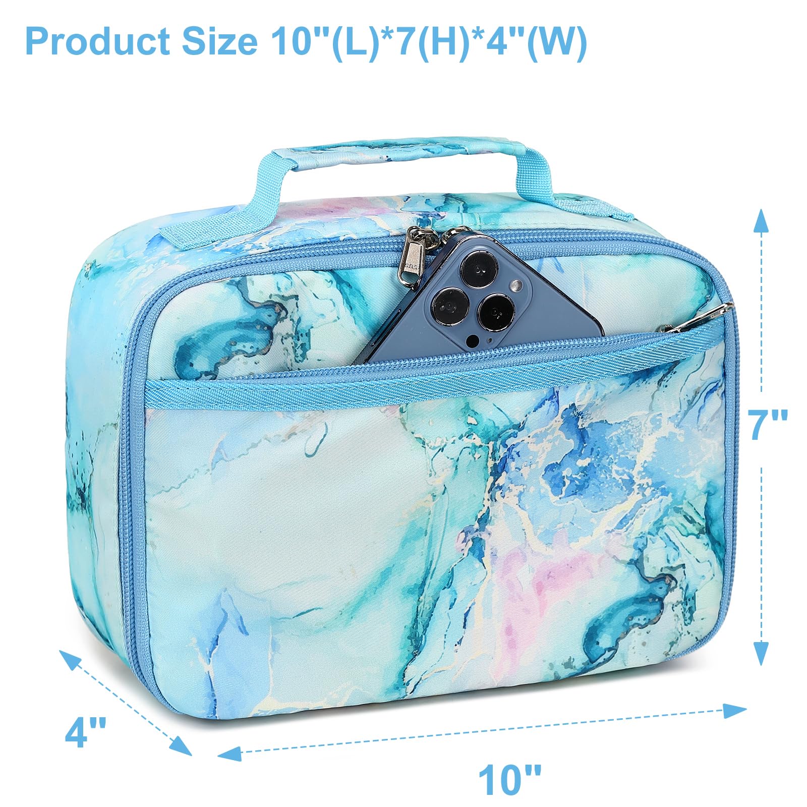 LEDAOU Lunch Bag Kids Insulated Lunch Box Girls Insulated Reusable Lunch Bag for School Picnic Hiking Work (Marble Blue)