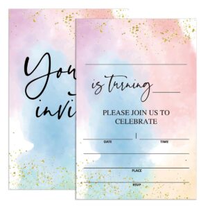 udnadkex watercolor birthday invitations with envelopes, invites for girls birthday party watercolor, colorful birthday party invite cards, 4"x6" set of 20, ombre pastel