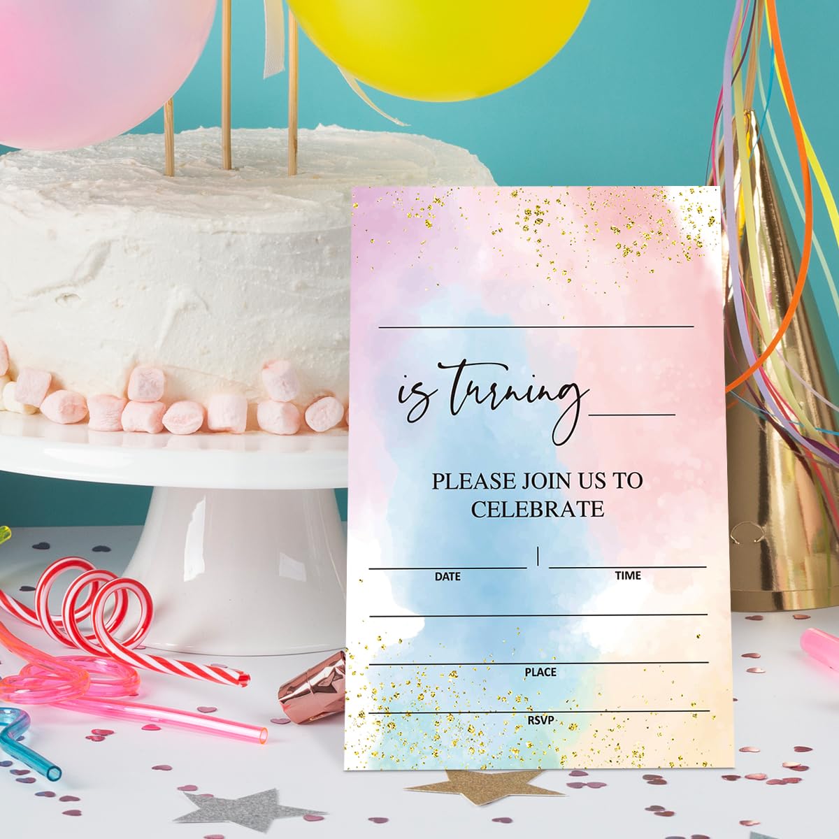 UDNADKEX Watercolor Birthday Invitations with Envelopes, Invites for Girls Birthday Party Watercolor, Colorful Birthday Party Invite Cards, 4"x6" Set of 20, Ombre Pastel