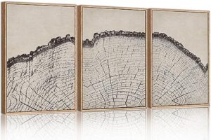 hpinub vintage wood tree rings wall art set, framed canvas paintings, black and white nature-inspired decorative for modern home decor for living room, bedroom, dining room, office- 16"x24"x3