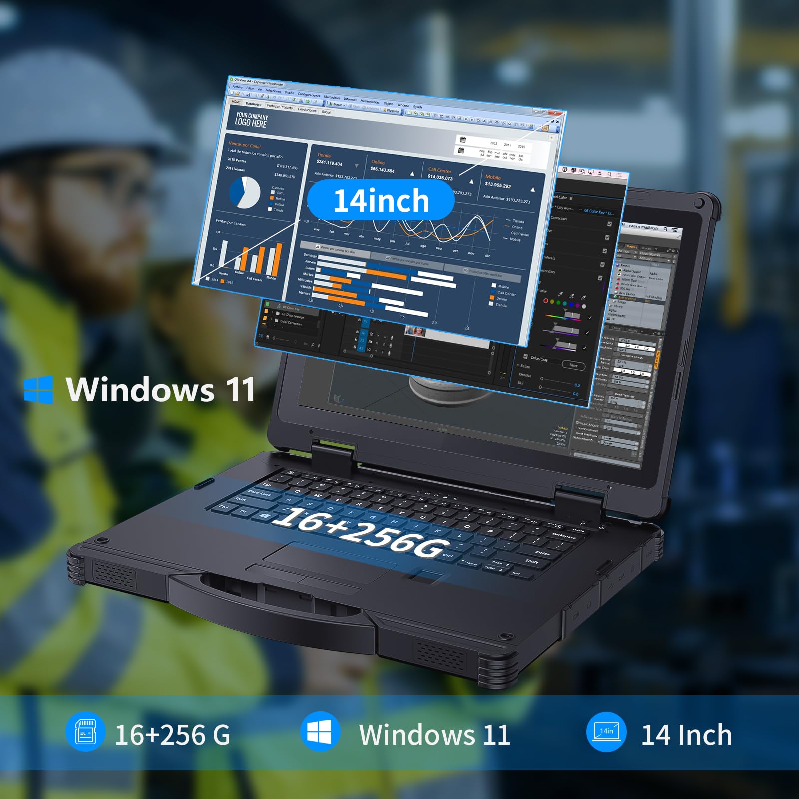 14 Inch Rugged Laptop Intel Core 11th i5-1135G7 700 Nits Sunlight Readable：Rugged Notebook FHD (1920 x 1080) Windows 11/16 GB Total RAM & 256 GB SSD/Wi-Fi 6/BT 5.1/Ethernet Port for Outdoor Work