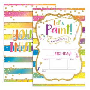 udnadkex art birthday invitations girl with envelopes, invites for girls birthday party art painting, paint birthday party invitations cards, 4"x6" set of 20, let's paint