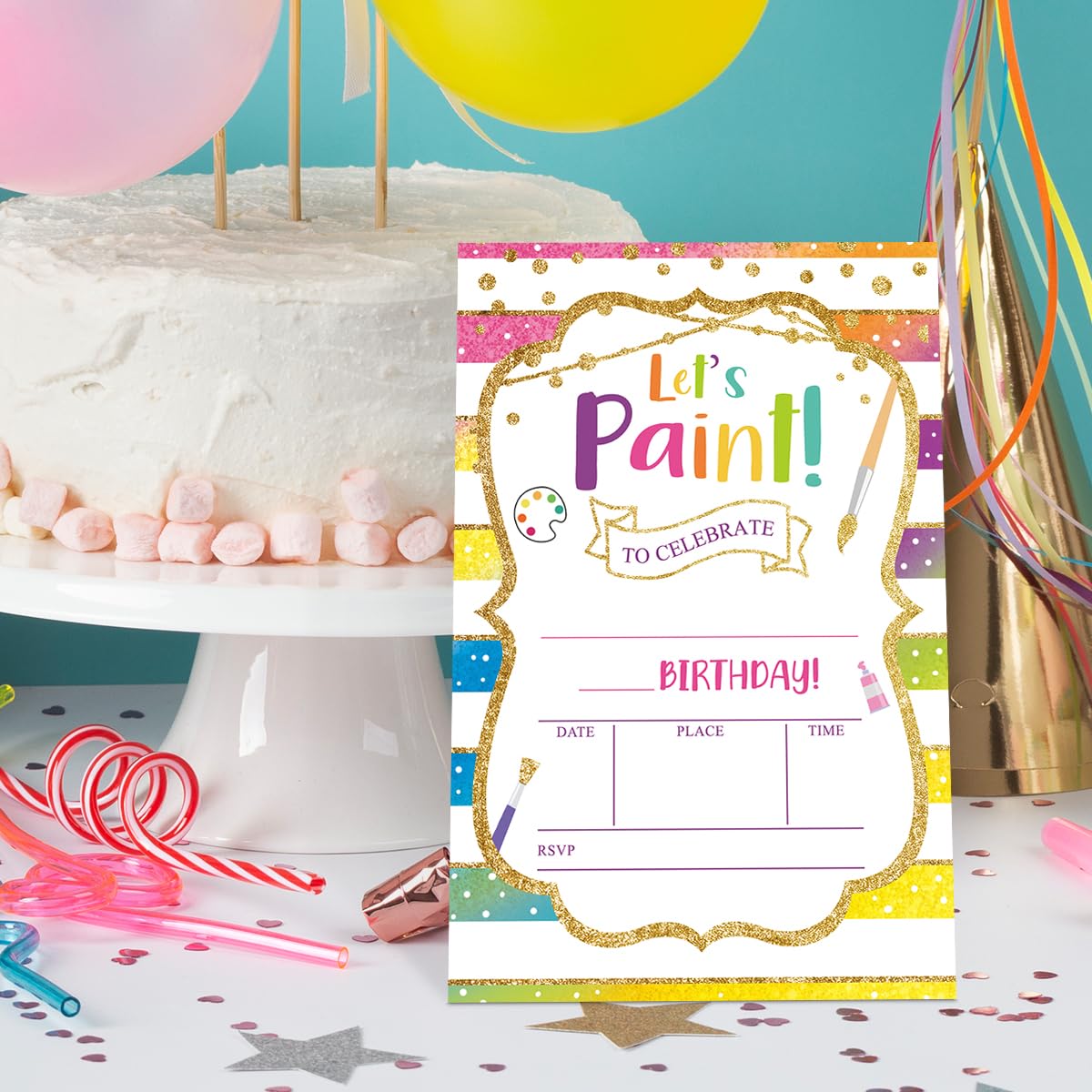 UDNADKEX Art Birthday Invitations Girl with Envelopes, Invites for Girls Birthday Party Art Painting, Paint Birthday Party Invitations Cards, 4"x6" Set of 20, Let's Paint