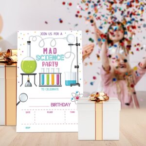 UDNADKEX Mad Science Birthday Invitations Girl with Envelopes, Invites for Girls Birthday Party Science, Science Birthday Party Invitations Cards, 4"x6" Set of 20, Mad Science Party