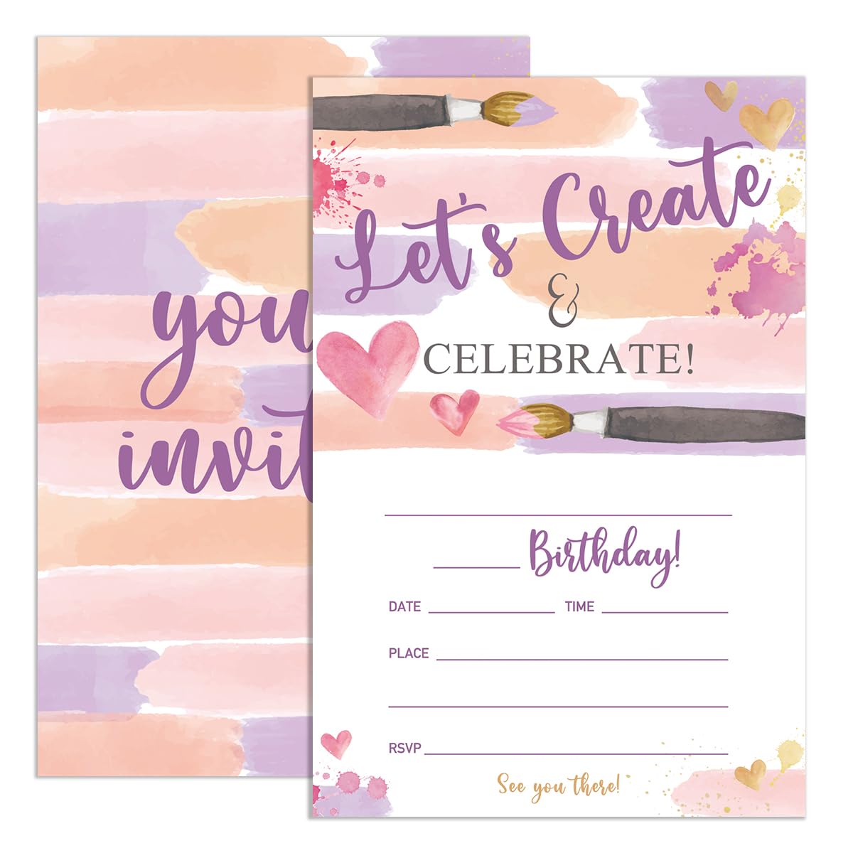 UDNADKEX Art Birthday Invitations Girl with Envelopes, Invites for Girls Birthday Party Art Painting, Paint Birthday Party Invitations Cards, 4"x6" Set of 20, Let's Create & Celebrate