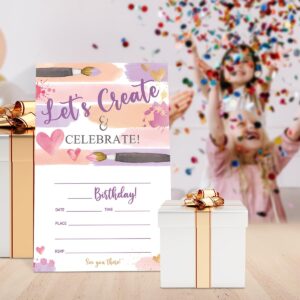 UDNADKEX Art Birthday Invitations Girl with Envelopes, Invites for Girls Birthday Party Art Painting, Paint Birthday Party Invitations Cards, 4"x6" Set of 20, Let's Create & Celebrate