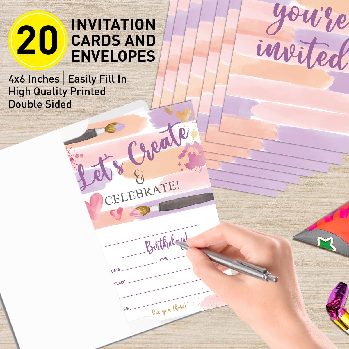 UDNADKEX Art Birthday Invitations Girl with Envelopes, Invites for Girls Birthday Party Art Painting, Paint Birthday Party Invitations Cards, 4"x6" Set of 20, Let's Create & Celebrate