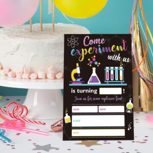 UDNADKEX Science Birthday Invitations Girl with Envelopes, Invites for Girls Birthday Party Science, Mad Science Birthday Party Invitations Cards, 4"x6" Set of 20, Some Explosive Fun