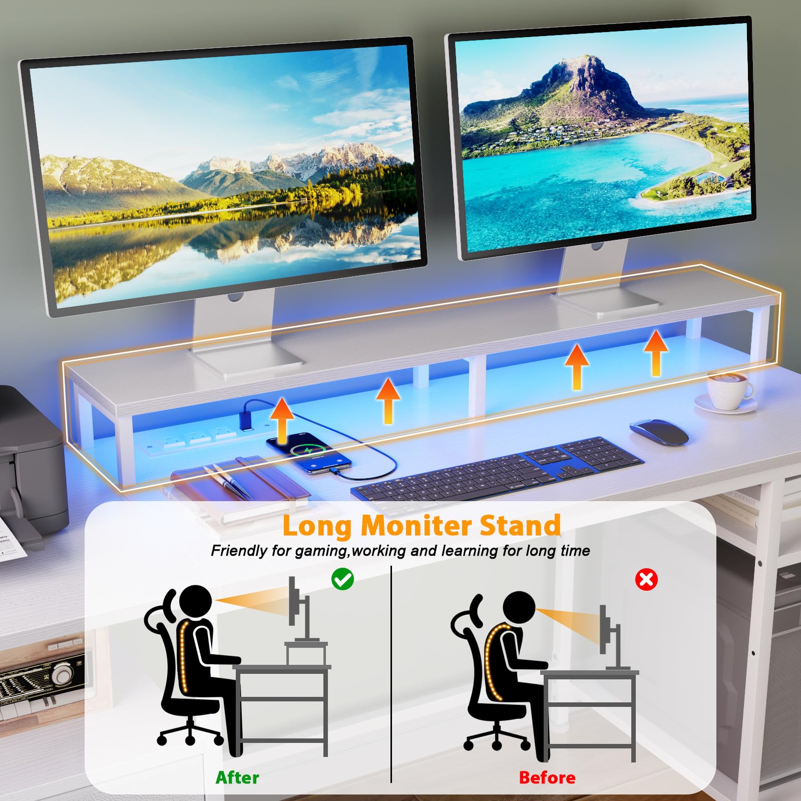 Furologee 61" Desk with LED Light & Power Outlets, Reversible Computer Desk with File Cabinet & Drawer, White Gaming Desk Writing Table with Dual Monitor Stand, for Home/Office/White