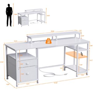 Furologee 61" Desk with LED Light & Power Outlets, Reversible Computer Desk with File Cabinet & Drawer, White Gaming Desk Writing Table with Dual Monitor Stand, for Home/Office/White