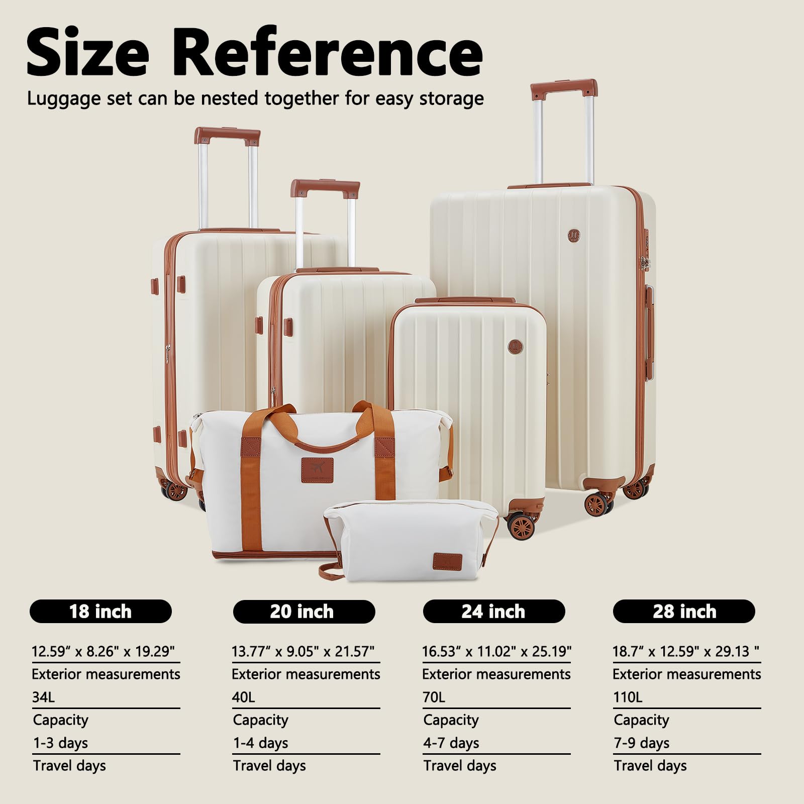 imiomo Luggage Sets 4 Piece Expandable Luggage Set, Hardside Carry on Suitcase with USB Port Cup Holder, Travel Luggage Suitcase with Spinner Wheels TSA Lock, White Brown