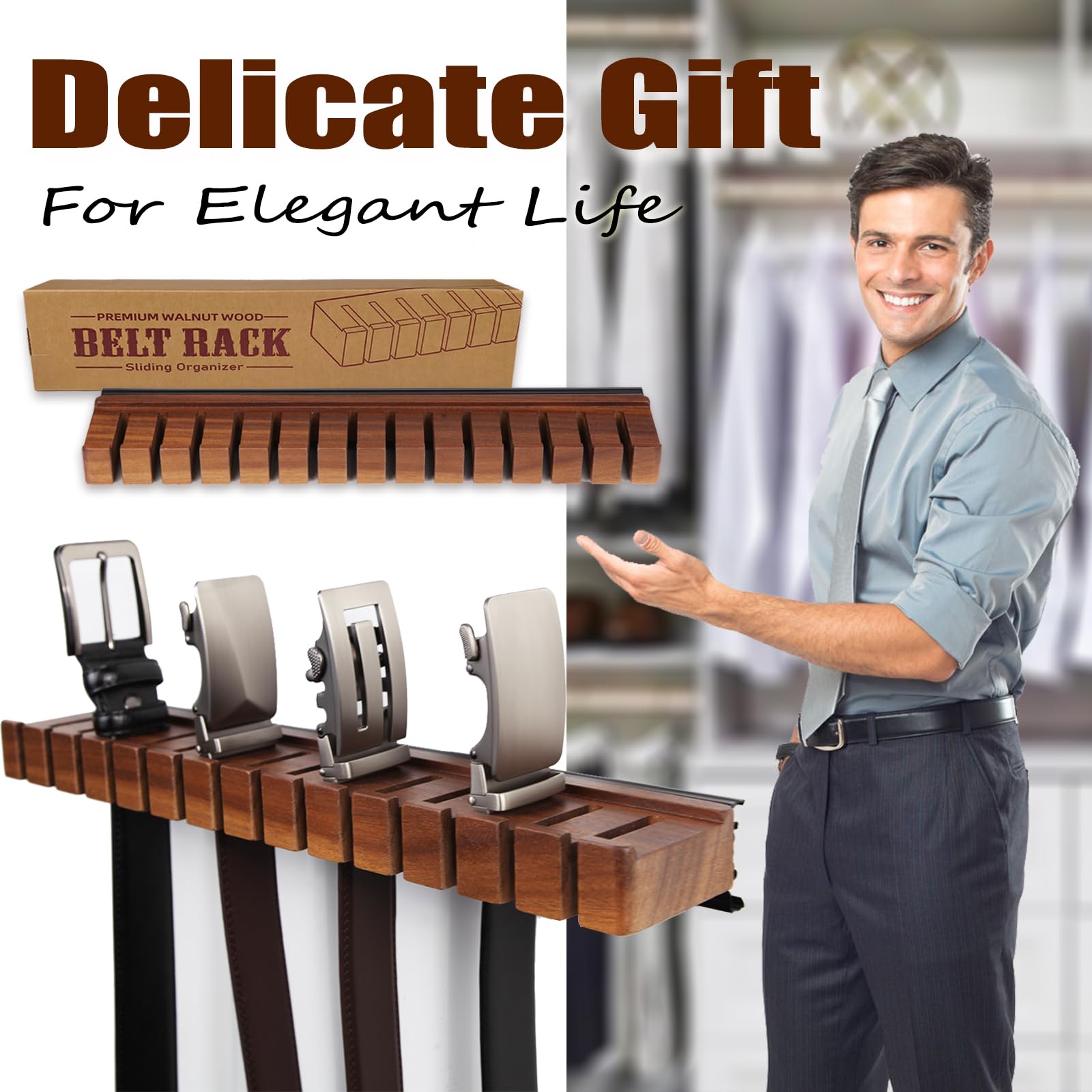 Premium Walnut Wood Belt Hanger with Slider, Belt Closet Organizer and Storage, Belt Hanger for Closet, Space Saving Hangers for Belt and Tie, Wooden Belt Holder, Tie Rack Tie Hanger for Men