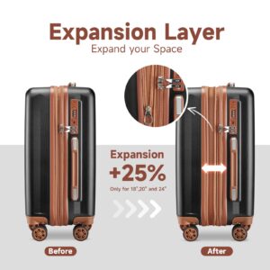 imiomo Luggage Sets 4 Piece Expandable Luggage Set, Hardside Carry on Suitcase with USB Port Cup Holder, Travel Luggage Suitcase with Spinner Wheels TSA Lock, Black Brown